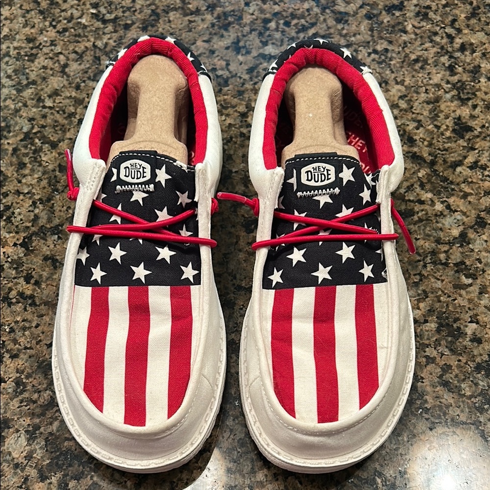 Hey Dude Stars and Stripes Red, White, and Black Shoes